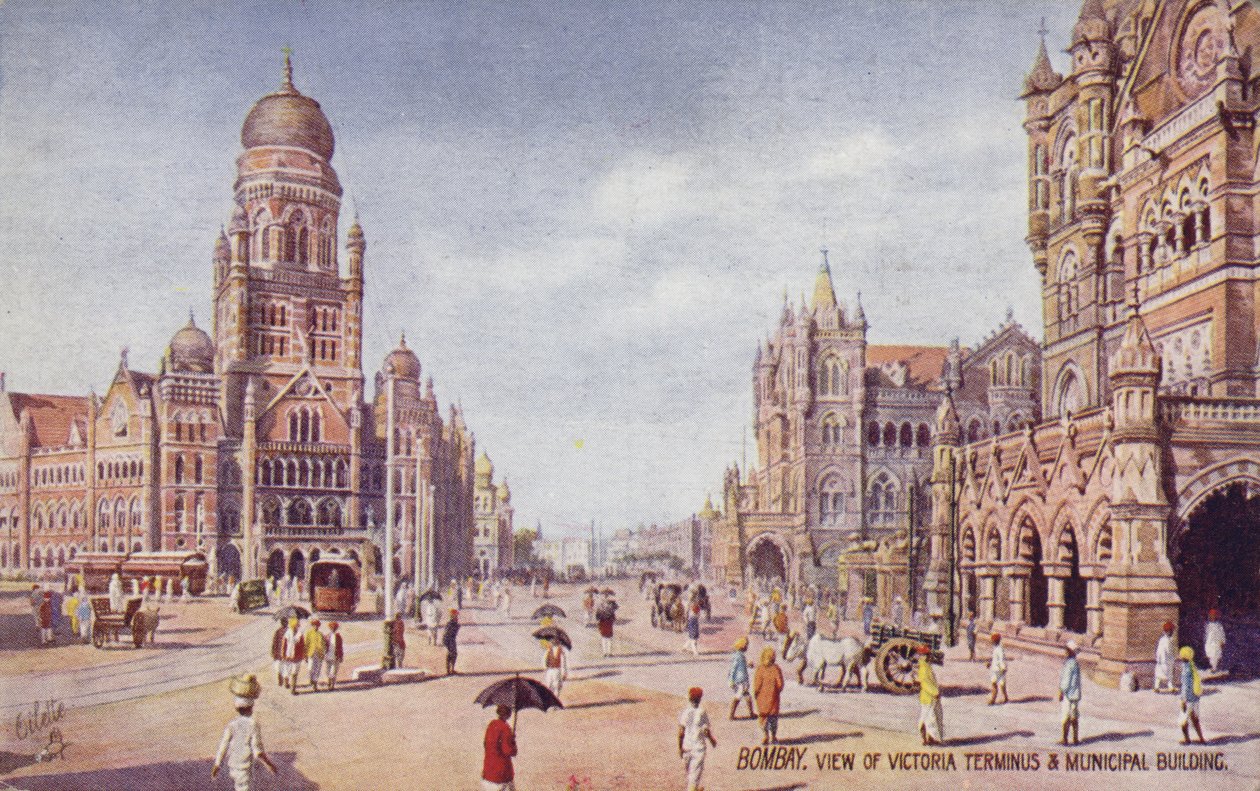 Widok na Victoria Terminus i budynek komunalny w Bombaju (kolorowa litografia) autorstwa English School