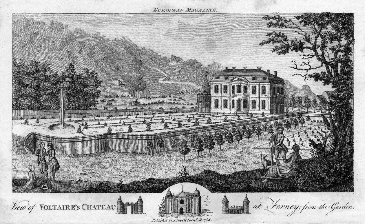 Widok na zamek Woltera w Ferney, od strony ogrodu, wyd. 1786. autorstwa English School