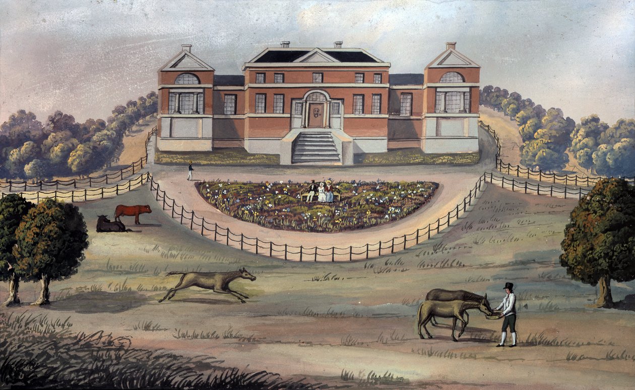 Widok wiejskiego domu w parku, ok. 1825 (gwasz na papierze) autorstwa English School