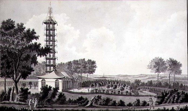 Widok holenderskiego ogrodu z chińską pagodą, ok. 1770 (pióro i atrament z akwarelą na papierze) autorstwa English School