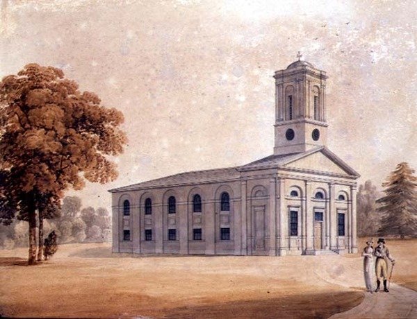 Widok neoklasycystycznego kościoła w parku, ok. 1790 (akwarela na papierze) autorstwa English School