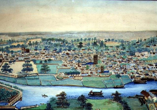Widok miasta i rzeki, ok.1830 (akwarela na papierze) autorstwa English School