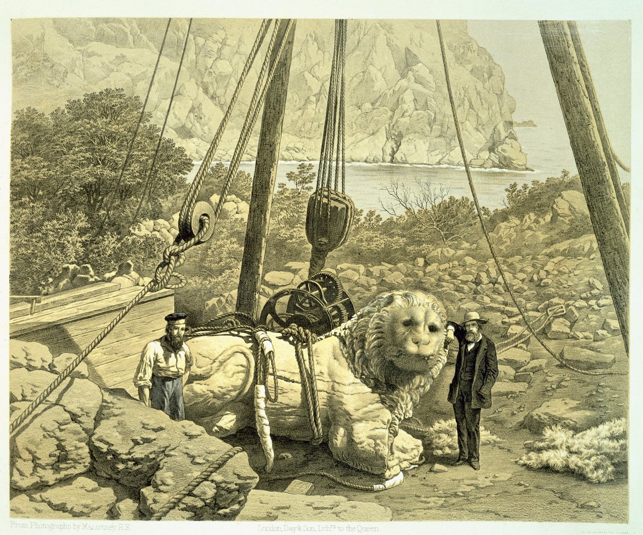 Widok olbrzymiego lwa, który się podnosi, z Historii odkryć w Halikarnasie, Cnidus i Branchidae autorstwa Charlesa Thomasa Newtona (1816-94) opublikowanej w 1862 r. autorstwa English School