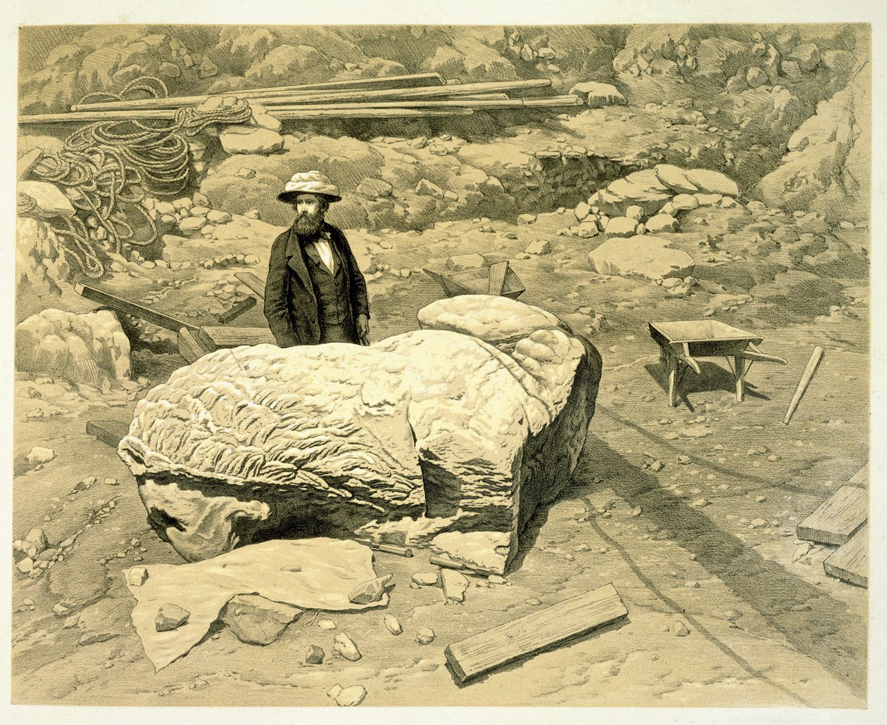 Widok kolosalnego lwa na boku, z Newtonem z tyłu, z Historii odkryć w Halicarnassus, Cnidus i Branchidae autorstwa Charlesa Thomasa Newtona (1816-94) opublikowanej w 1862 r. autorstwa English School
