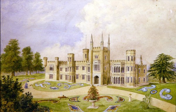 Widok wiejskiej rezydencji w stylu gotyckim z reprezentacyjnym ogrodem, ok. 1840 r. (akwarela na papierze) autorstwa English School