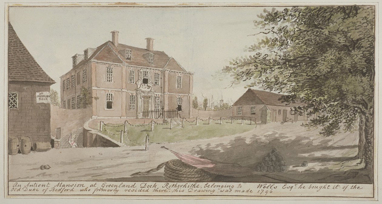 Widok starożytnej rezydencji w Greenland Dock w Rotherhithe, Bermondsey, 1796 (wc na papierze) autorstwa English School