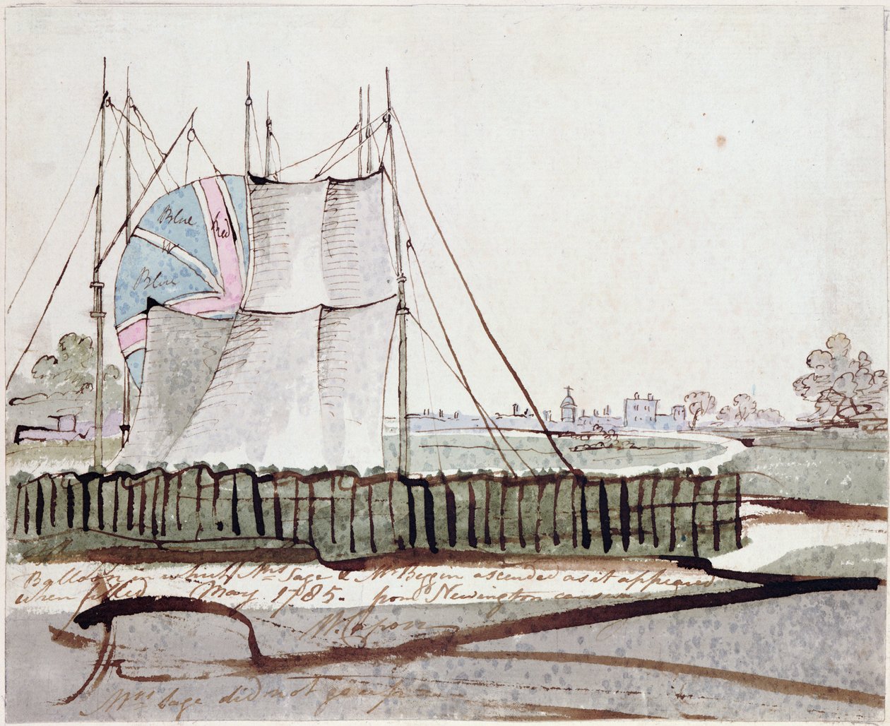 Widok balonu w Newington Causeway, maj 1785 (atrament i toaleta na papierze) autorstwa English School