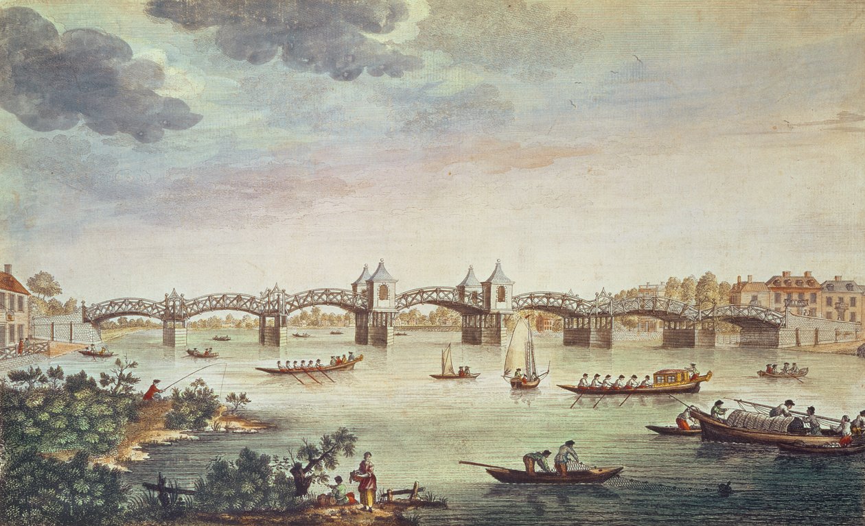 Widok mostu nad Tamizą w Hampton Court, wyryty przez Johna Bowlesa (1724-56) autorstwa English School