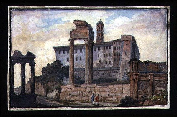 Widok Kapitolu i Świątyni Kastora i Polluksa, Rzym, ok. 1800 (gwasz na papierze) autorstwa English School