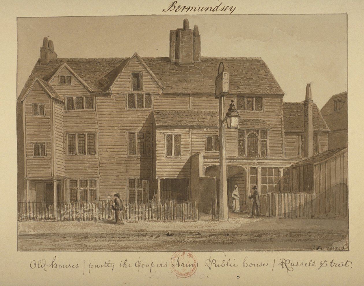 Widok na Coopers Arms Inn, Russell Street, 1828 (pranie na papierze) autorstwa English School