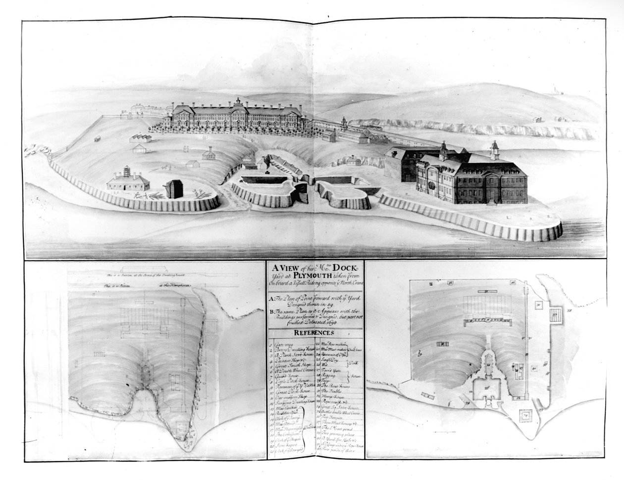 Widok stoczni w Plymouth, 1608 (toaleta i pióro i atrament na papierze) autorstwa English School
