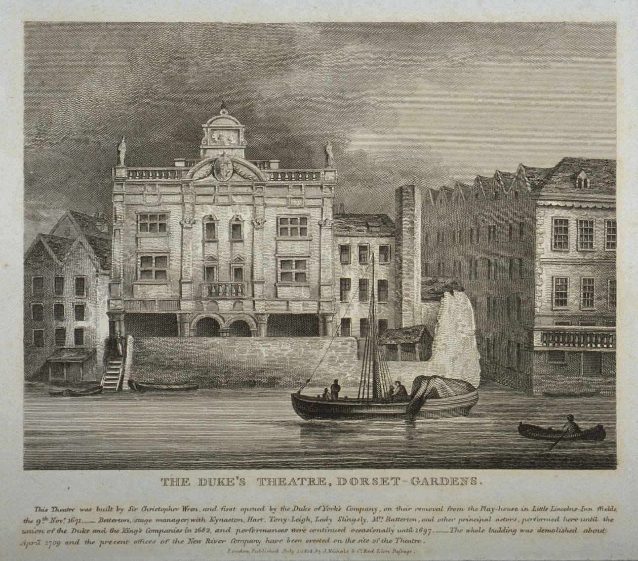 Widok Dukes Theatre, Dorset Gardens, od strony Tamizy, 1814 autorstwa English School