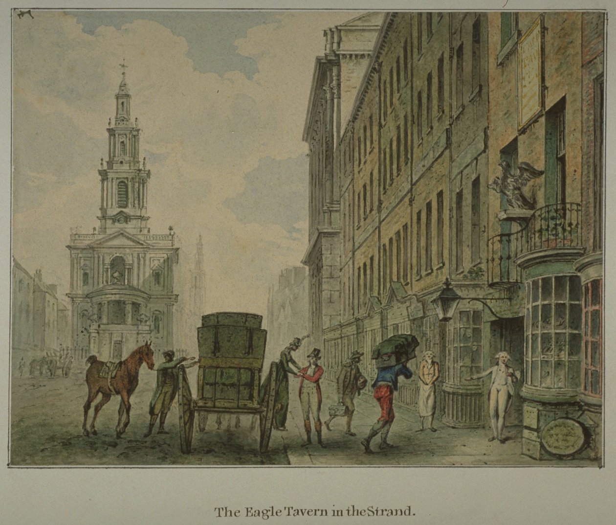 Widok na Eagle Tavern w Strand, Westminster, z mężczyzną rozładowującym produkty z wozu konnego na drodze i St Mary le Strand w oddali, ok. 1800 r. (akwarela na papierze) autorstwa English School