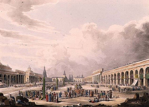 Widok na Wielki Plac ze Sklepami w Moskwie, tablica 3 z „Szkic historyczny Moskwy”, wyd. Rudolph Ackermann (1764-1834) 1813 (akwatinta) autorstwa English School