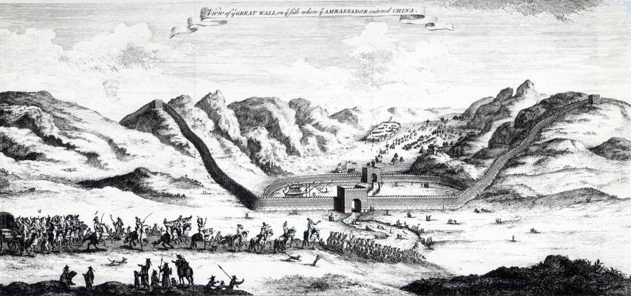 Widok Wielkiego Muru od strony, gdzie ambasador wjechał do Chin, z „Zbioru podróży i podróży” Johna Harrisa, 1748 autorstwa English School