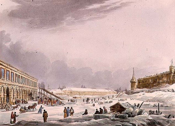 Ledo kalvų vaizdas per karnavalą Maskvoje, 8 plokštė iš „Istorinis Maskvos eskizas“, pub. Rudolph Ackermann (1764-1834) 1813 (akvatinta)polis autorstwa English School