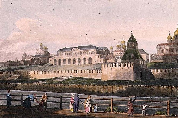 Widok Pałacu Cesarskiego Kremla w Moskwie, płyta 7 z „Szkic historyczny Moskwy”, wyd. Rudolph Ackermann (1764-1834) 1813 (akwatinta) autorstwa English School