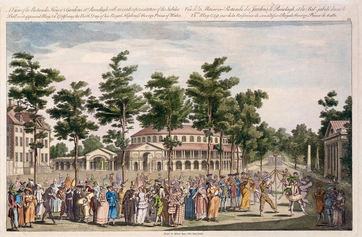 Widok na bal jubileuszowy, ogrody Ranelagh, z okazji urodzin księcia Walii, Jerzego, 24 maja 1759 r. (rycina ręcznie kolorowana) autorstwa English School