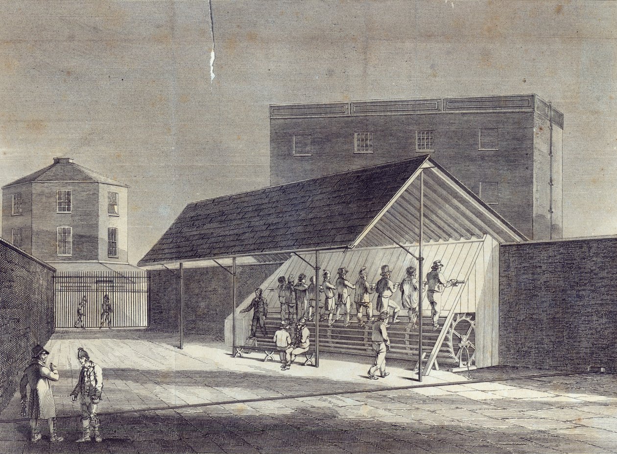 Widok młyna bieżnikowego do zatrudniania więźniów, wzniesionego przy House of Correction w Brixton, opublikowany przez Gent. Mag., lipiec 1822 r. autorstwa English School