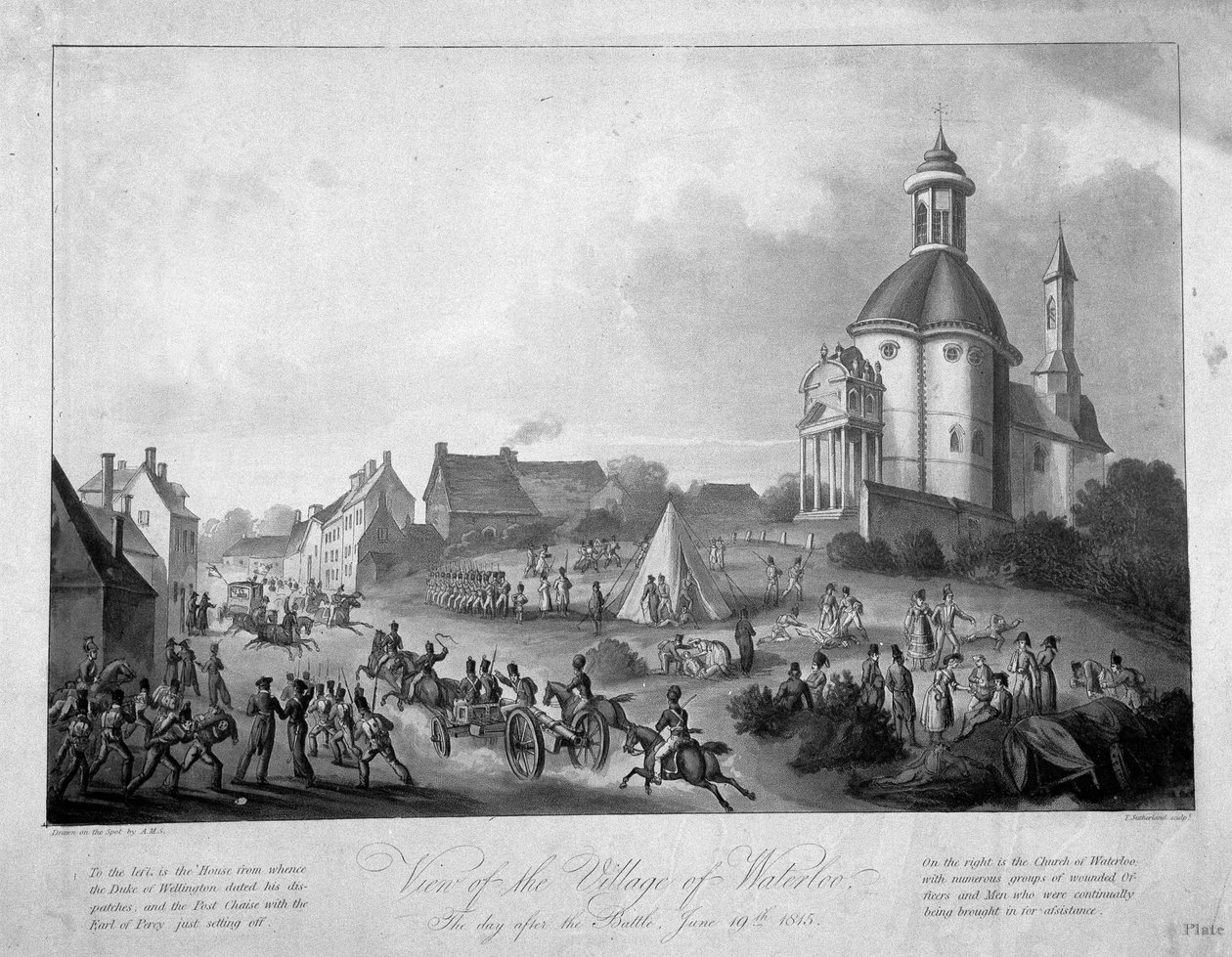 Widok wsi Waterloo dzień po bitwie, 19 czerwca 1815, 1816 (kolorowa akwatinta) autorstwa English School