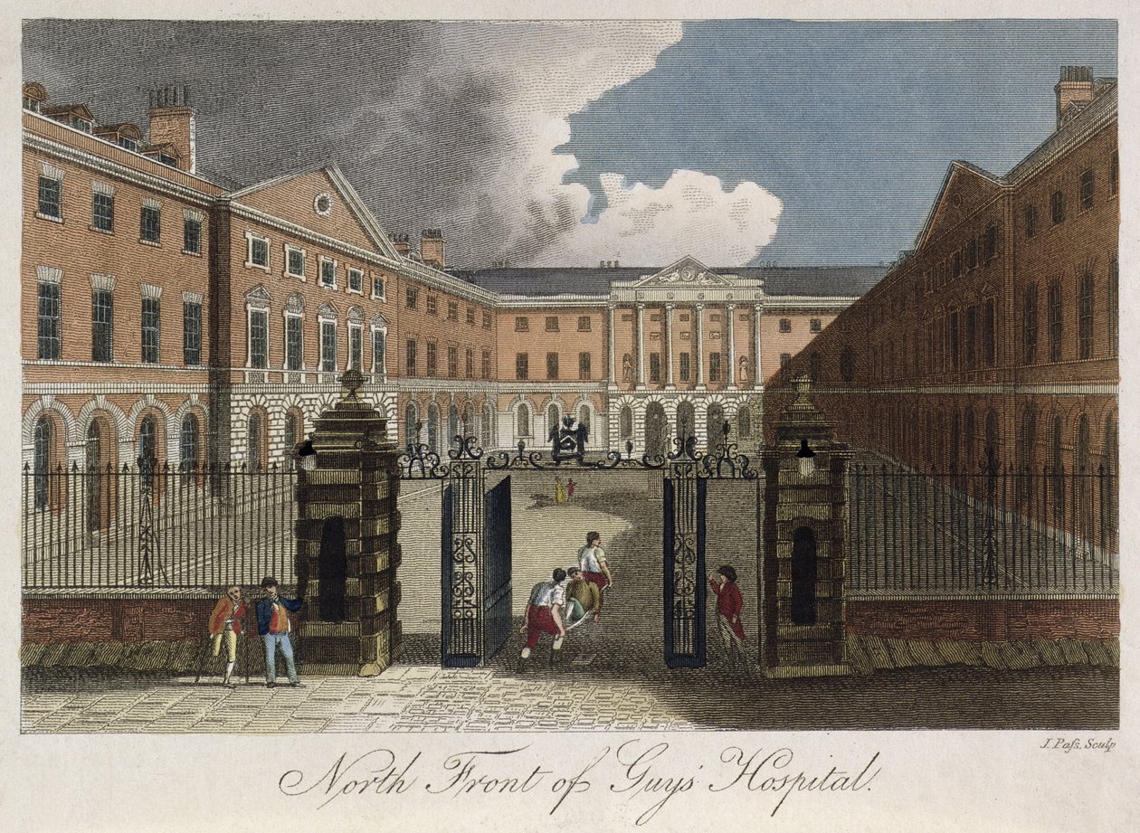 Widok na północny front szpitala Guys w Southwark, ukazujący mężczyznę przeciąganego przez frontową bramę, ok. 1800 autorstwa English School