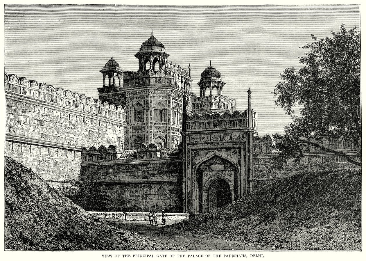 Widok na główną bramę pałacu padyszachów w Delhi (rycina) autorstwa English School