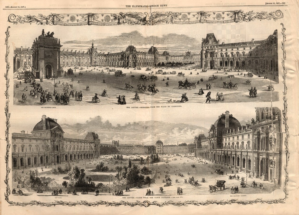 Widoki na Cour Carree du Louvre w Paryżu. Grawer w „Ilustrowanych wiadomościach londyńskich” z 15 sierpnia 1857 r. autorstwa English School