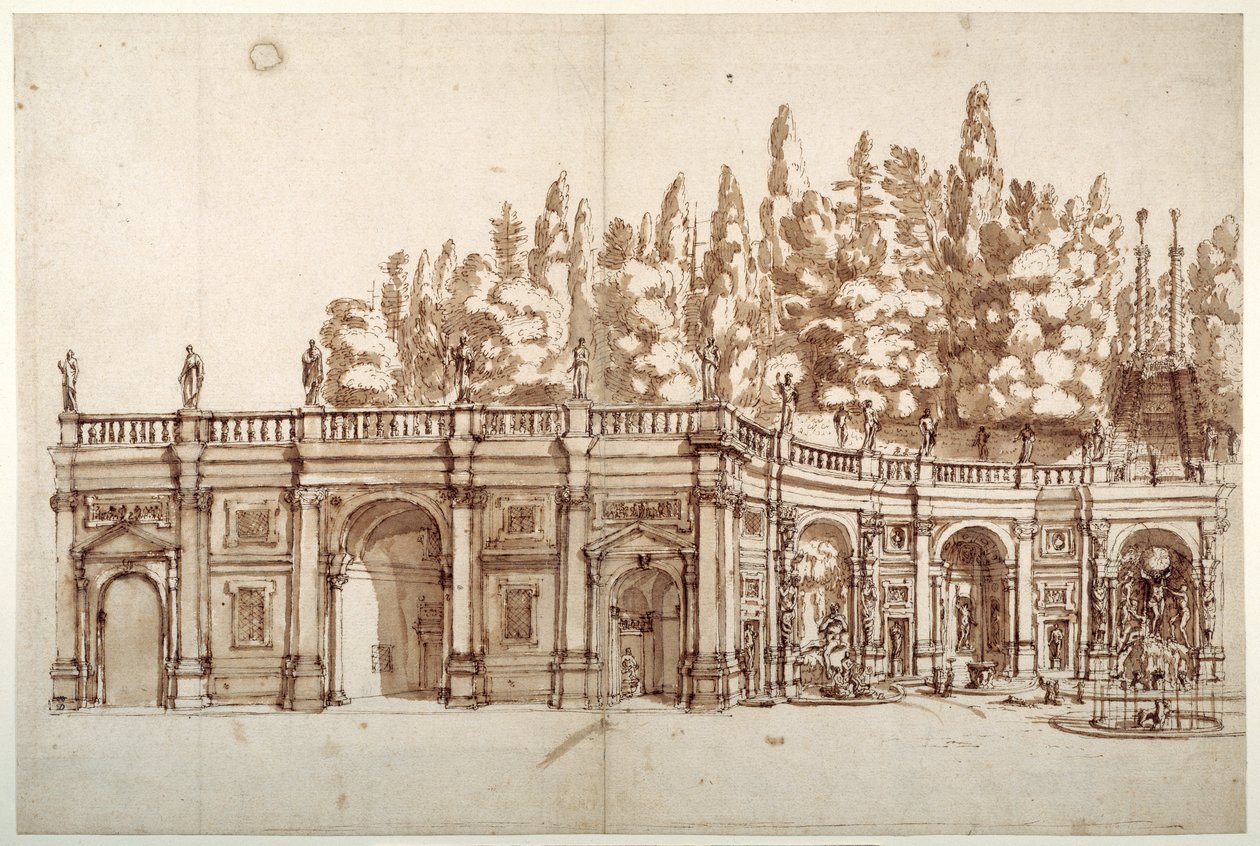 Villa Aldobrandini w Frascati (długopis i brązowy tusz na papierze) autorstwa English School