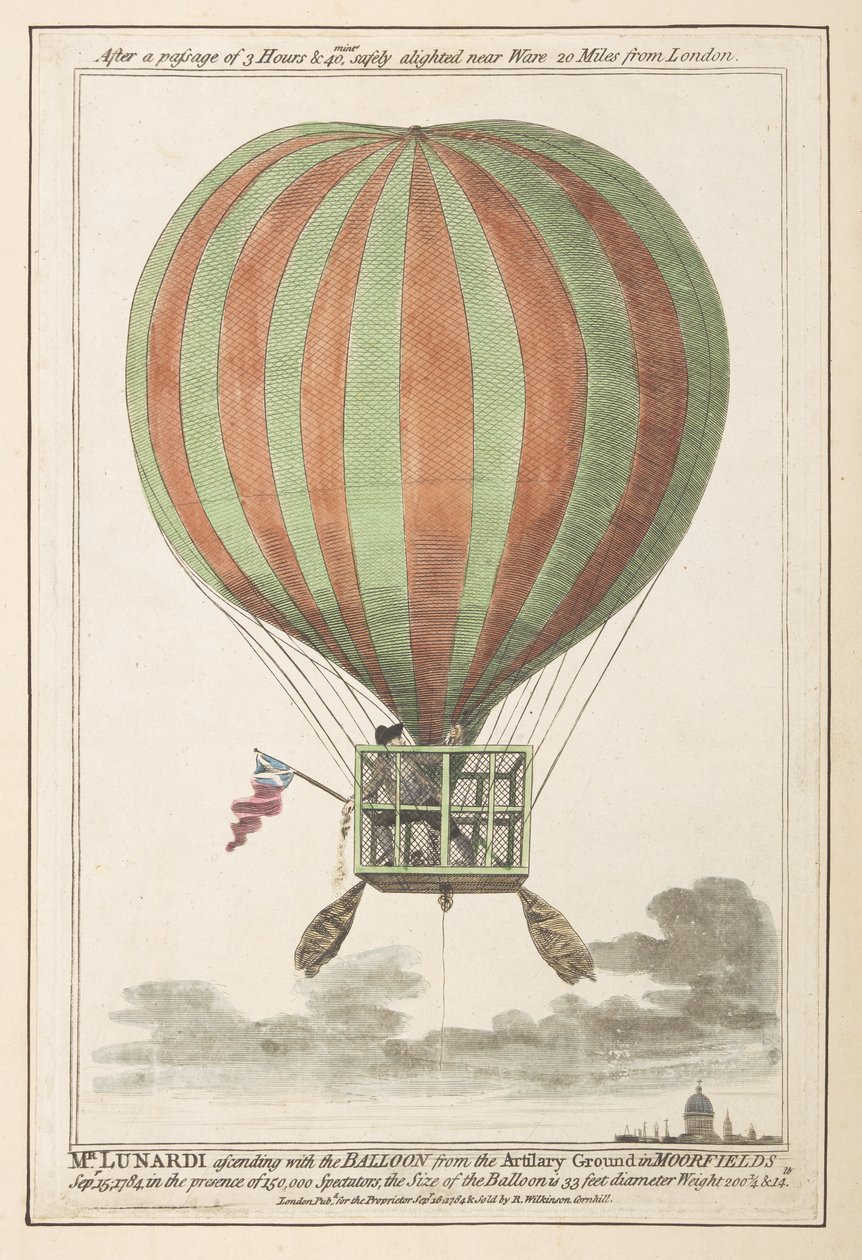 Vincent Lunardi w powietrzu po wynurzeniu z Moorfields, wrzesień 1784 (kolorowy grawerunek) autorstwa English School