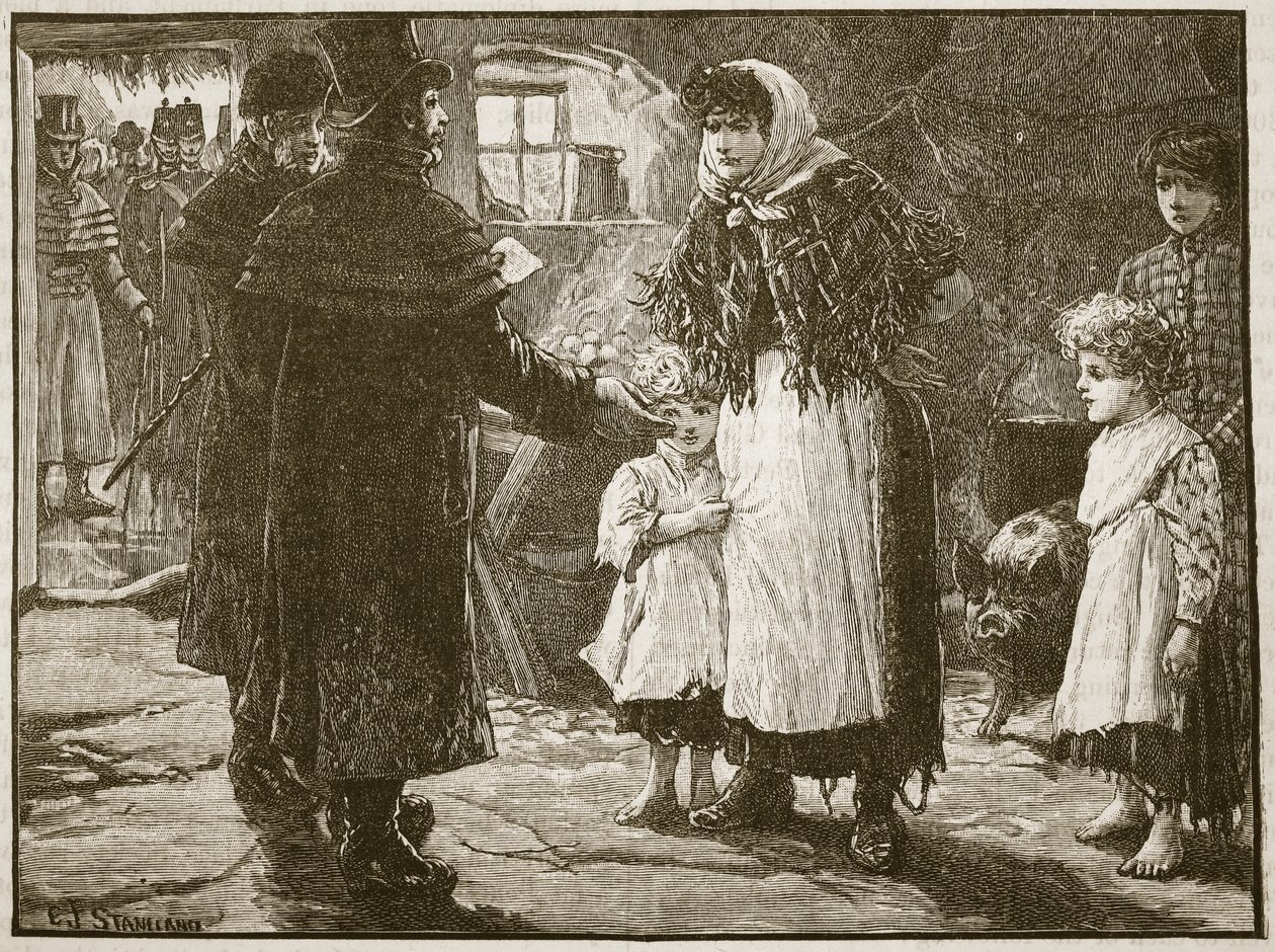 Wizyta Tithe Proctor, Irlandia, 1832, ilustracja z Cassells Illustrated History of England (zdjęcie w sepii) autorstwa English School