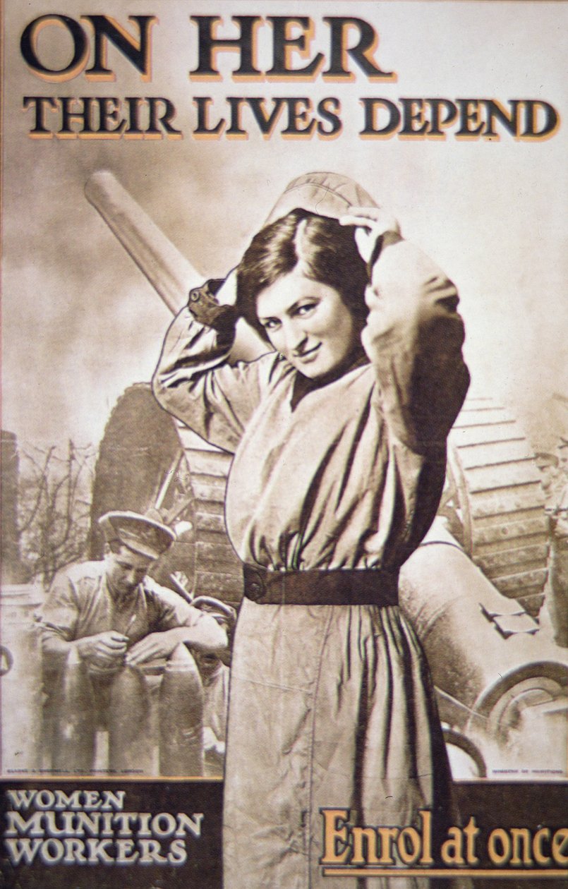 Plakat z I wojny światowej zachęcający uzbrojone kobiety, ok. 1914-18 (kolor lito) autorstwa English School