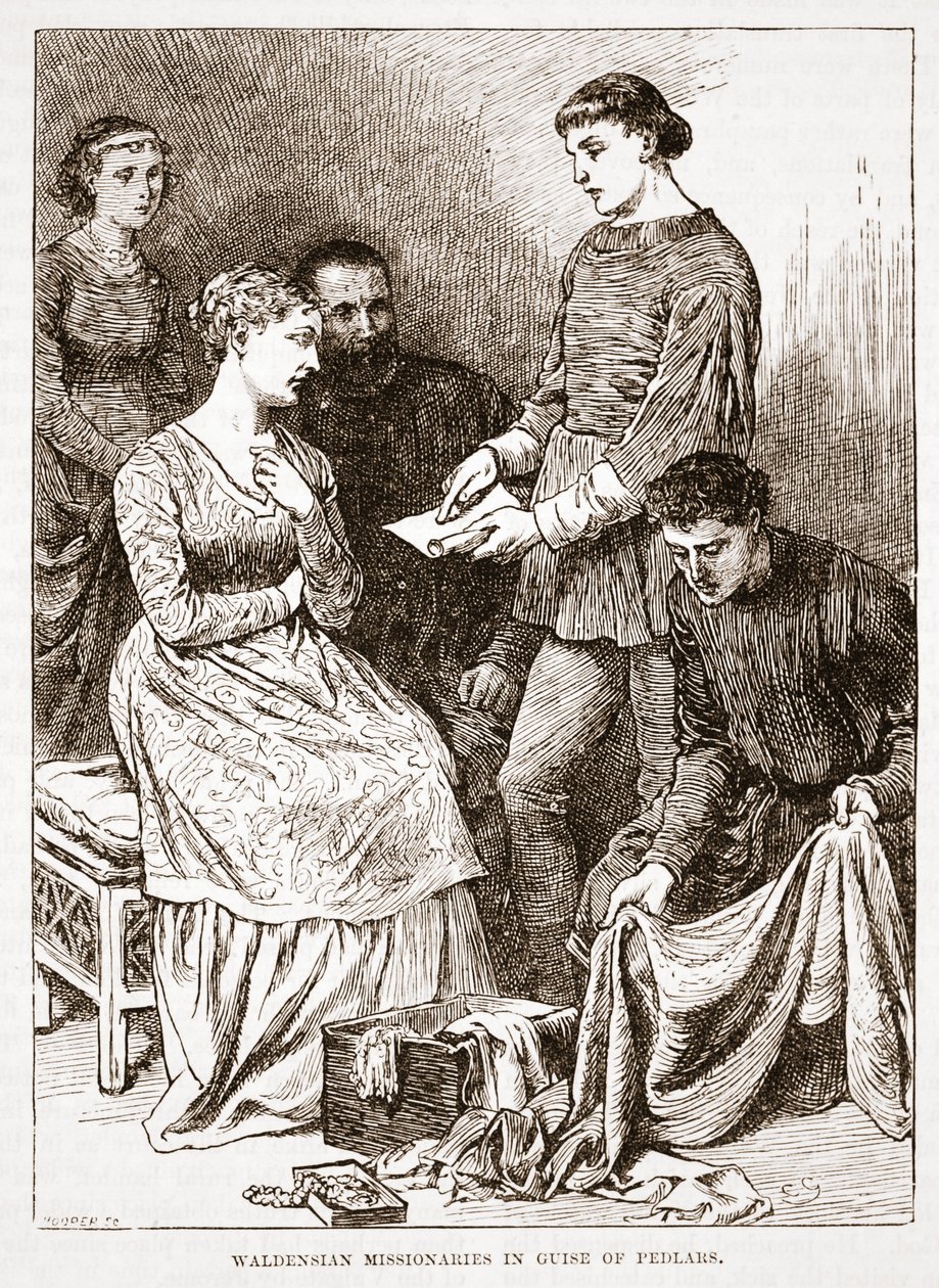 Misjonarze waldensów w przebraniu Pedlarów, ilustracja z Historii protestantyzmu Jamesa Aitkena Wylie (1808-1890), wyd. 1878 autorstwa English School
