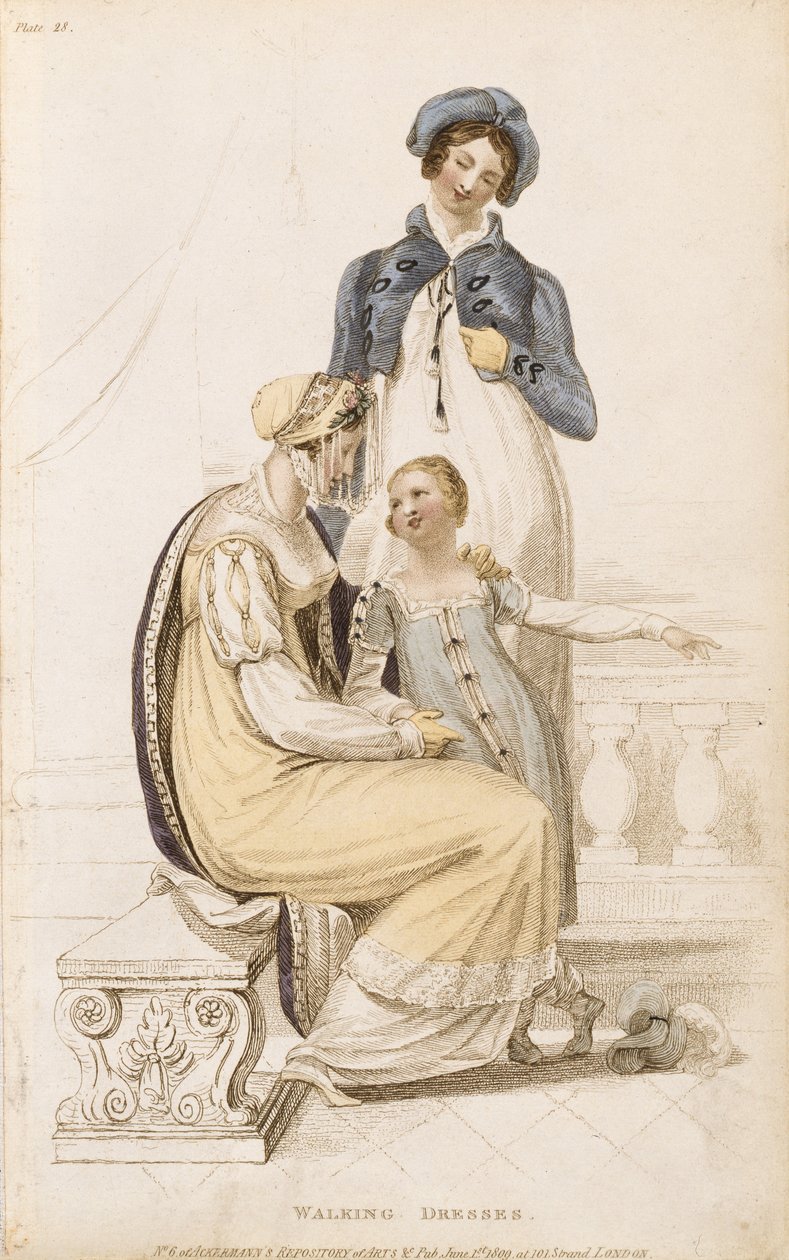 Walking Dresses, talerz z modą z Ackermanns Repository of Arts, wyd. 1 czerwca 1809 autorstwa English School