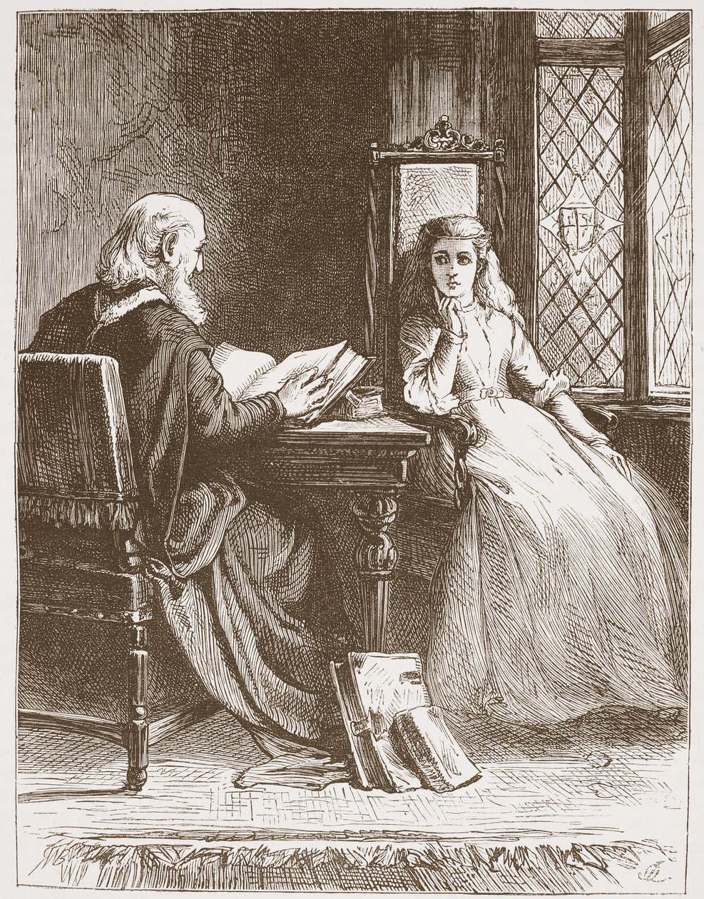 Walter Capel czytający Pismo Święte swojej córce, ilustracja z Historii protestantyzmu Jamesa Aitkena Wylie (1808-1890), wyd. 1878 autorstwa English School