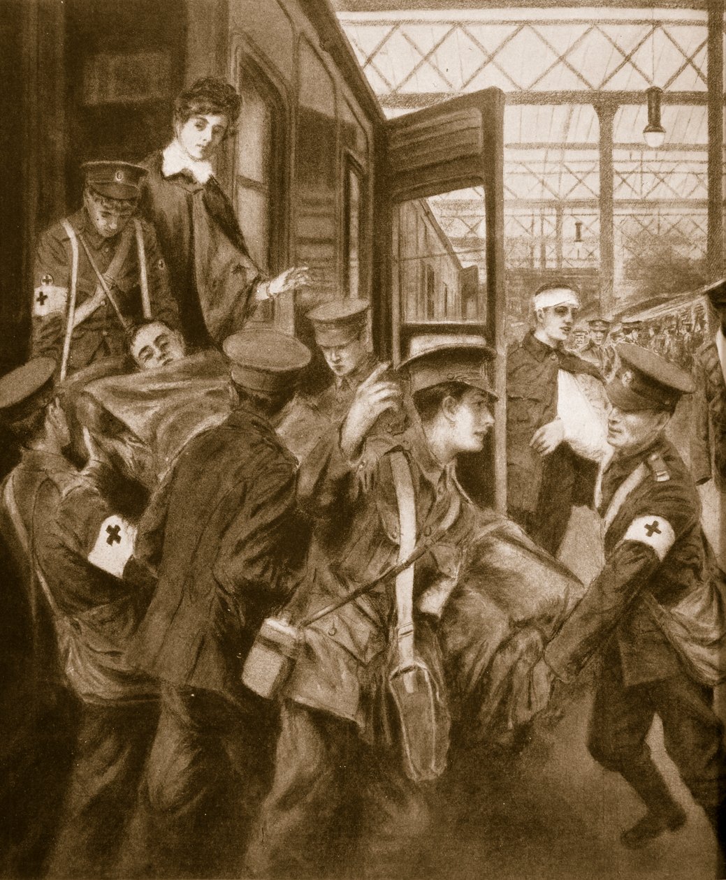 Ranni wojenni przybywający na pętlę londyńskiego pociągu, 1914-19 autorstwa English School