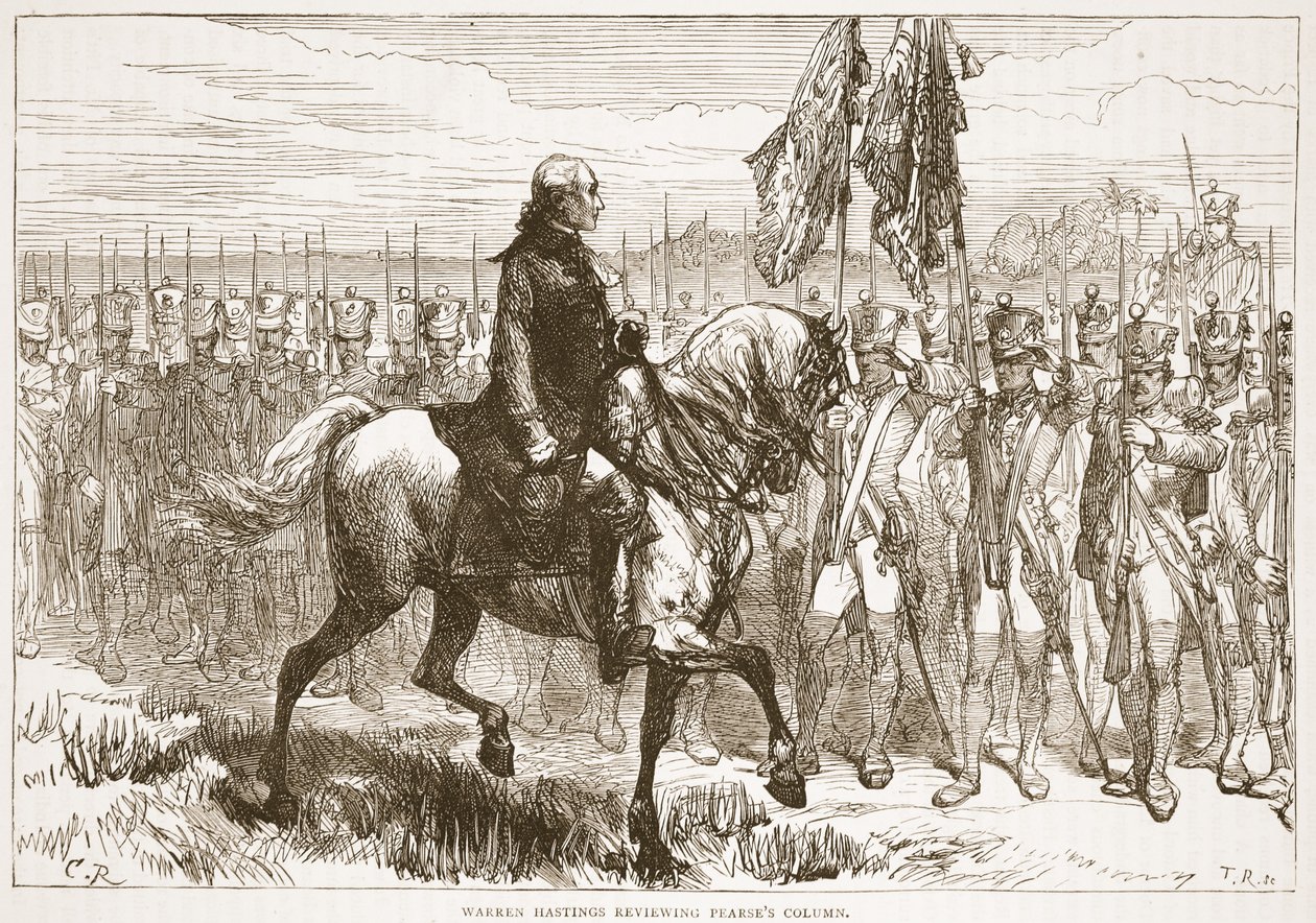 Warren Hastings przegląda kolumnę Pearses, ilustracja z Cassells Illustrated History of India autorstwa Jamesa Granta, wyd. 1879 autorstwa English School