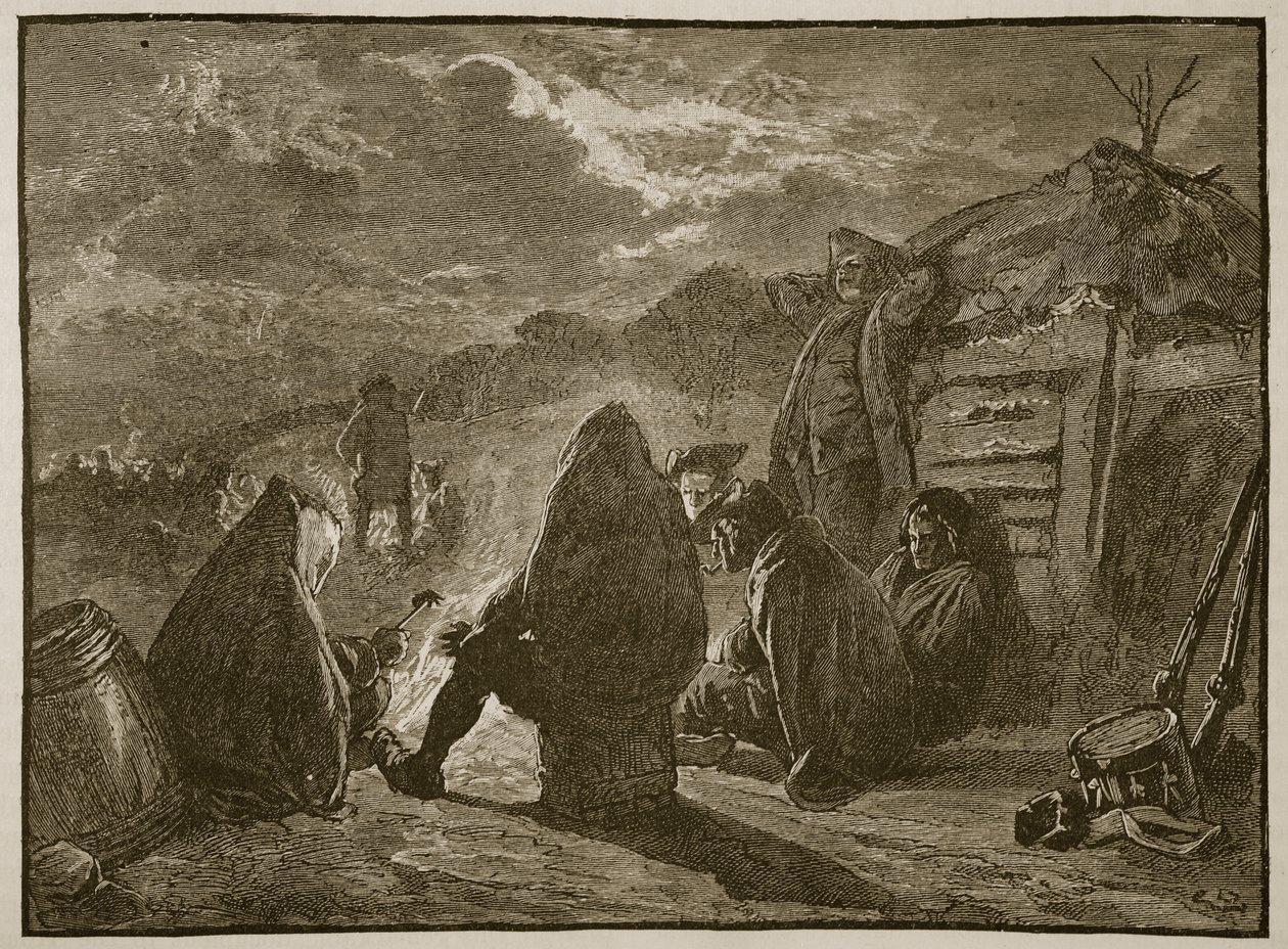 Waszyngton przy ognisku w Valley Forge, ilustracja z Cassells Illustrated History of England (zdjęcie w sepii) autorstwa English School