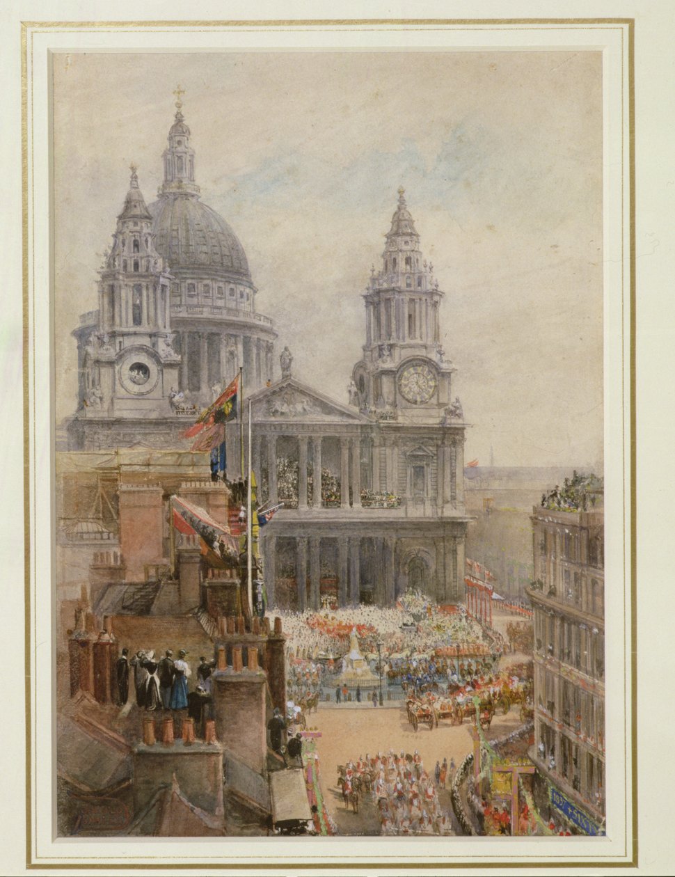 Oglądanie obchodów jubileuszu królowej Wiktorii przed St. Pauls (wc na papierze) autorstwa English School