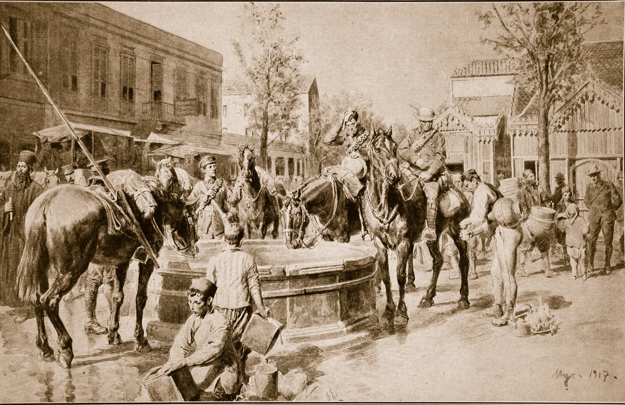 Woda dla człowieka i zwierzęcia: typowa scena w Salonikach, 1914-19 autorstwa English School
