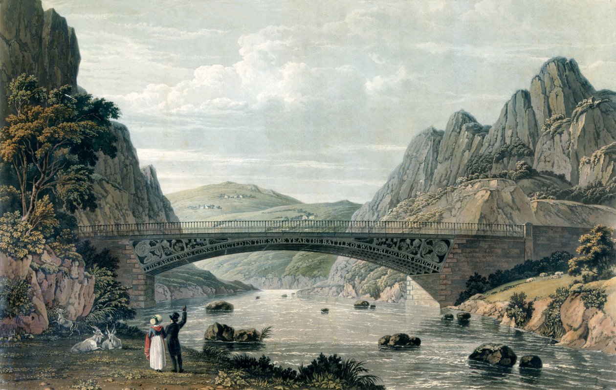Waterloo Bridge nad rzeką Conwy, Walia (kolor grawerowany) autorstwa English School