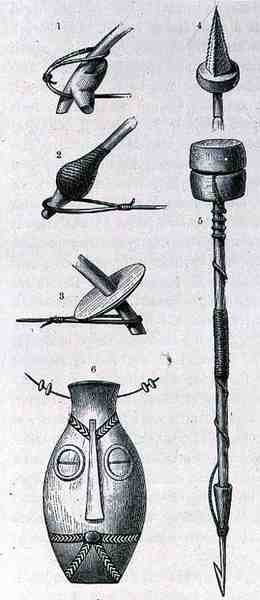 Broń, amulet i harpun z Manyema, z Historii ludzkości, t. III, autorstwa prof. Friedricha Ratzela, 1898 autorstwa English School