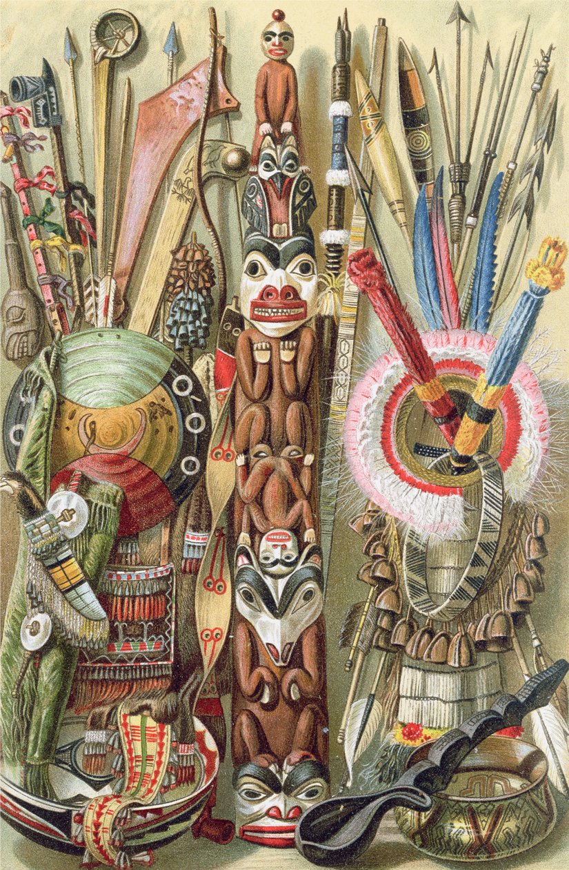 Broń, przybory i ozdoby Indian amerykańskich, z „Historii ludzkości”, tom 1, autorstwa prof. Friedricha Ratzela, 1896 autorstwa English School