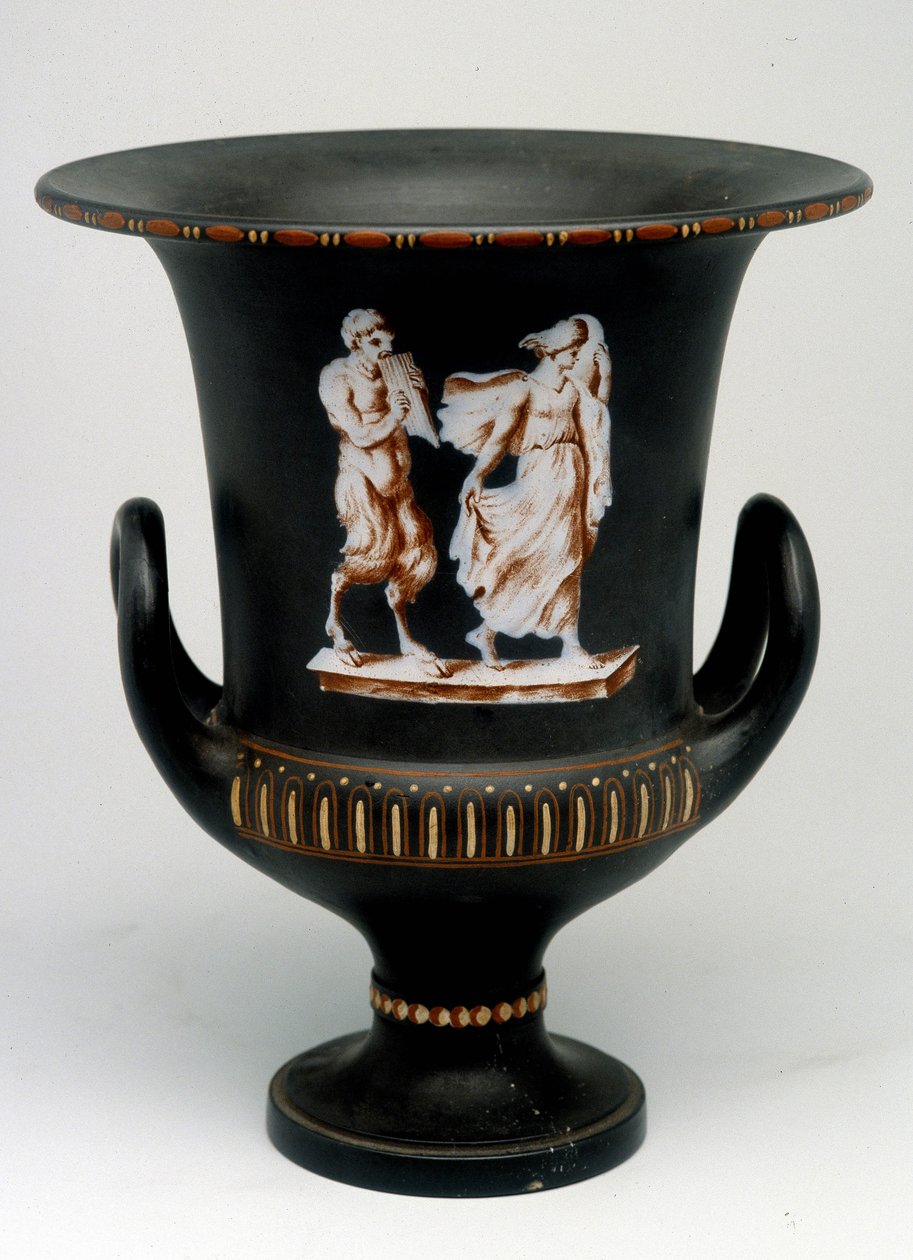Wedgwood wazon przedstawiający młodą dziewczynę i czarną ceramiczną satyrę namalowaną „”z enkaustykiem””. Anglia, ok. 1775 - 1790. Odznaki BN w Paryżu. autorstwa English School