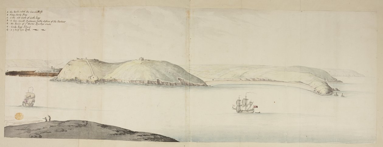 Zachodnie wejście do portu w Cork, od Kidds lub Cow and Calf do Cross Beg Island; Zachodnie wejście do portu w Cork, przedstawiające wyspy Halbowlin, Spike Island i Cross Haven, ok. 1684 (pióro i atrament oraz akwarela na papierze) autorstwa English School