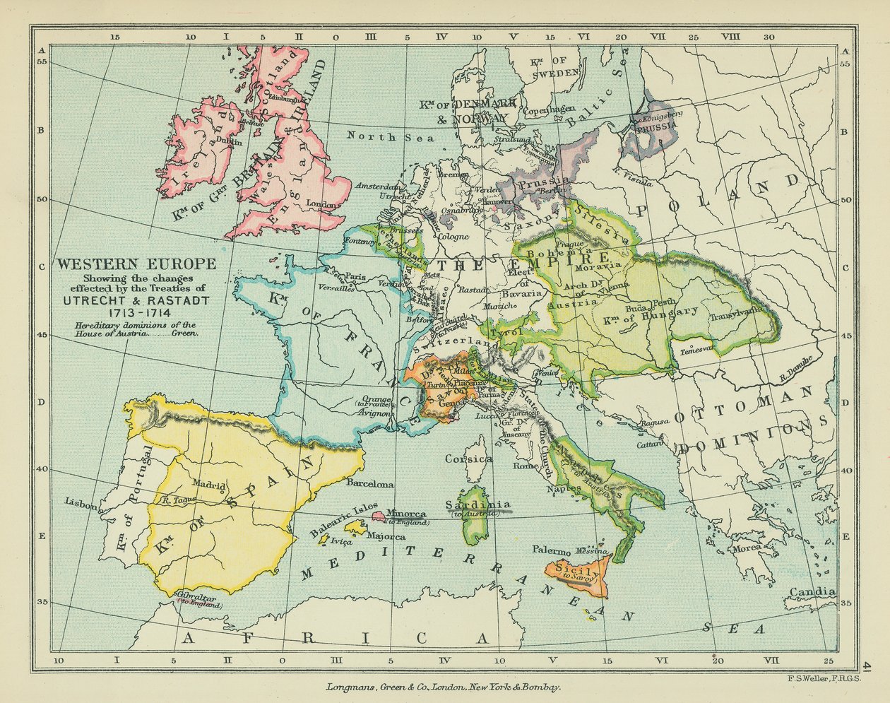 Europa Zachodnia pokazująca zmiany wprowadzone traktatami z Utrechtu i Rastadt (kolorowa litografia) autorstwa English School