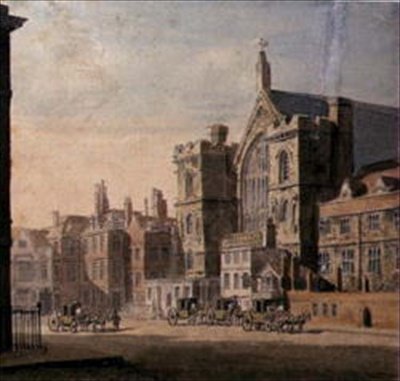 Westminster Hall i New Palace Yard, ok. 1808 (akwarela na papierze) autorstwa English School