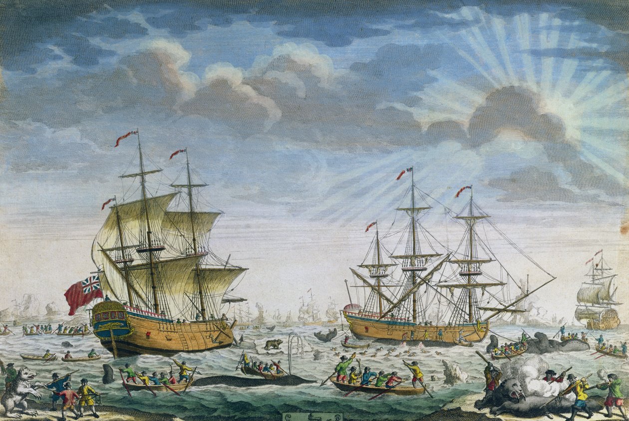 Wielorybnictwo, koniec XVIII w. (kolor grawerowany) autorstwa English School