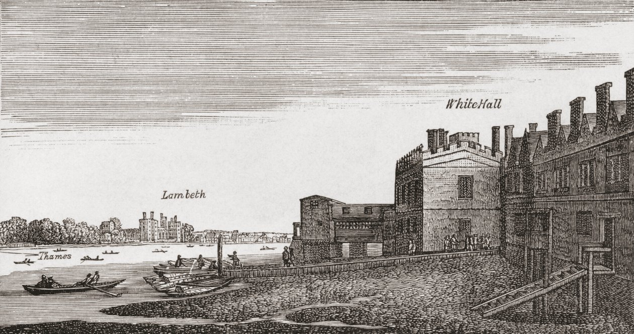 Whitehall, Londyn, jak w XVIII wieku, z „Krótkiej historii ludu angielskiego” J.R. Greena, opublikowanej w 1893 r. autorstwa English School