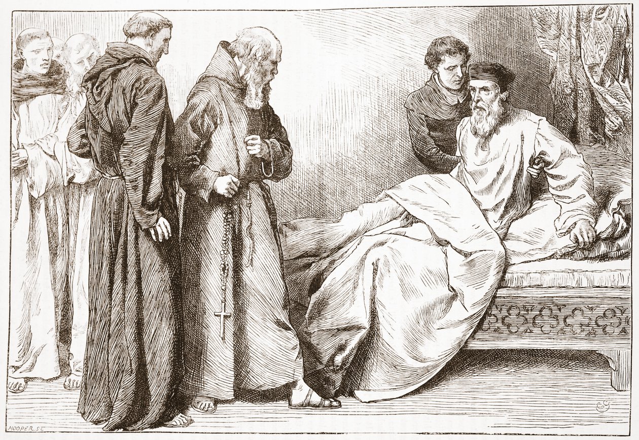 Wycliffe i mnisi: scena w sypialni, ilustracja z Historii protestantyzmu Jamesa Aitkena Wyliego (1808-1890), wyd. 1878 autorstwa English School