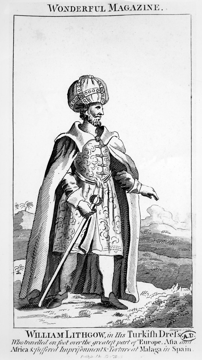 William Lithgow w swojej tureckiej sukience, ilustracja z Wonderful Magazine, ok. 1750-90 autorstwa English School